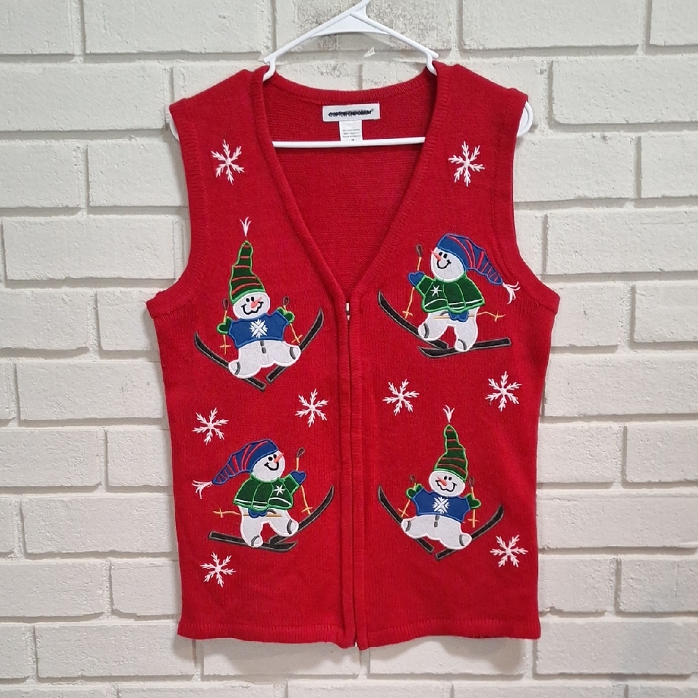 Cotton Emporium Red Snowman & Snowflake Zip-Up Vest. Size Medium